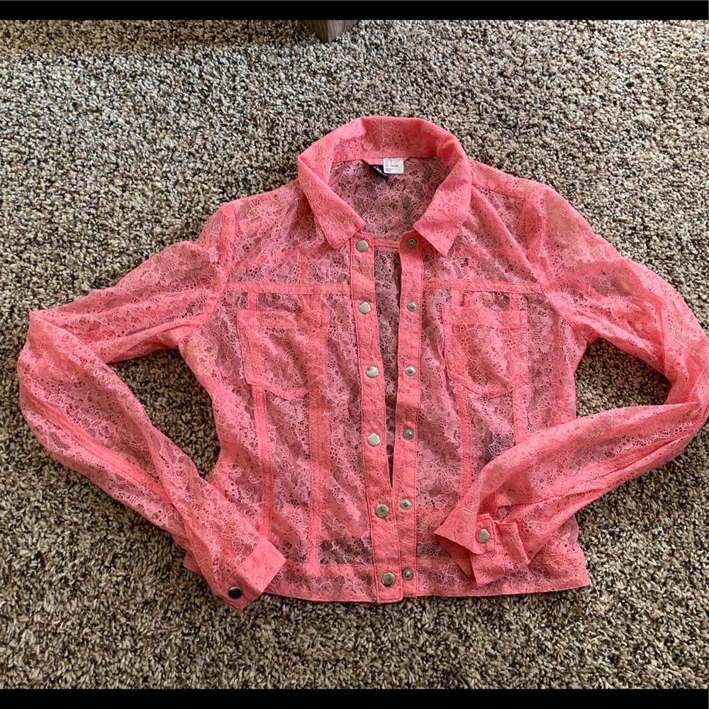 Bright Pink Lace Button Up Shirt